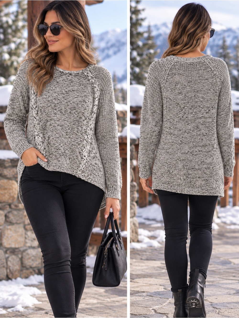 🌙✨🆕a.n.a Heather Gray Cable-Trim Crewneck Sweater Tunic S